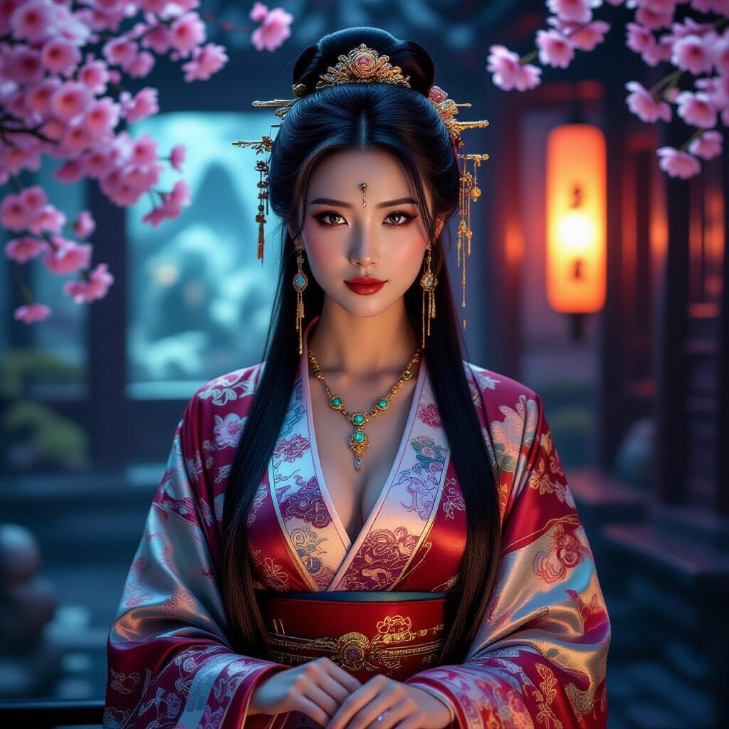 Cyberpunk Chinese Woman in Serene Teahouse