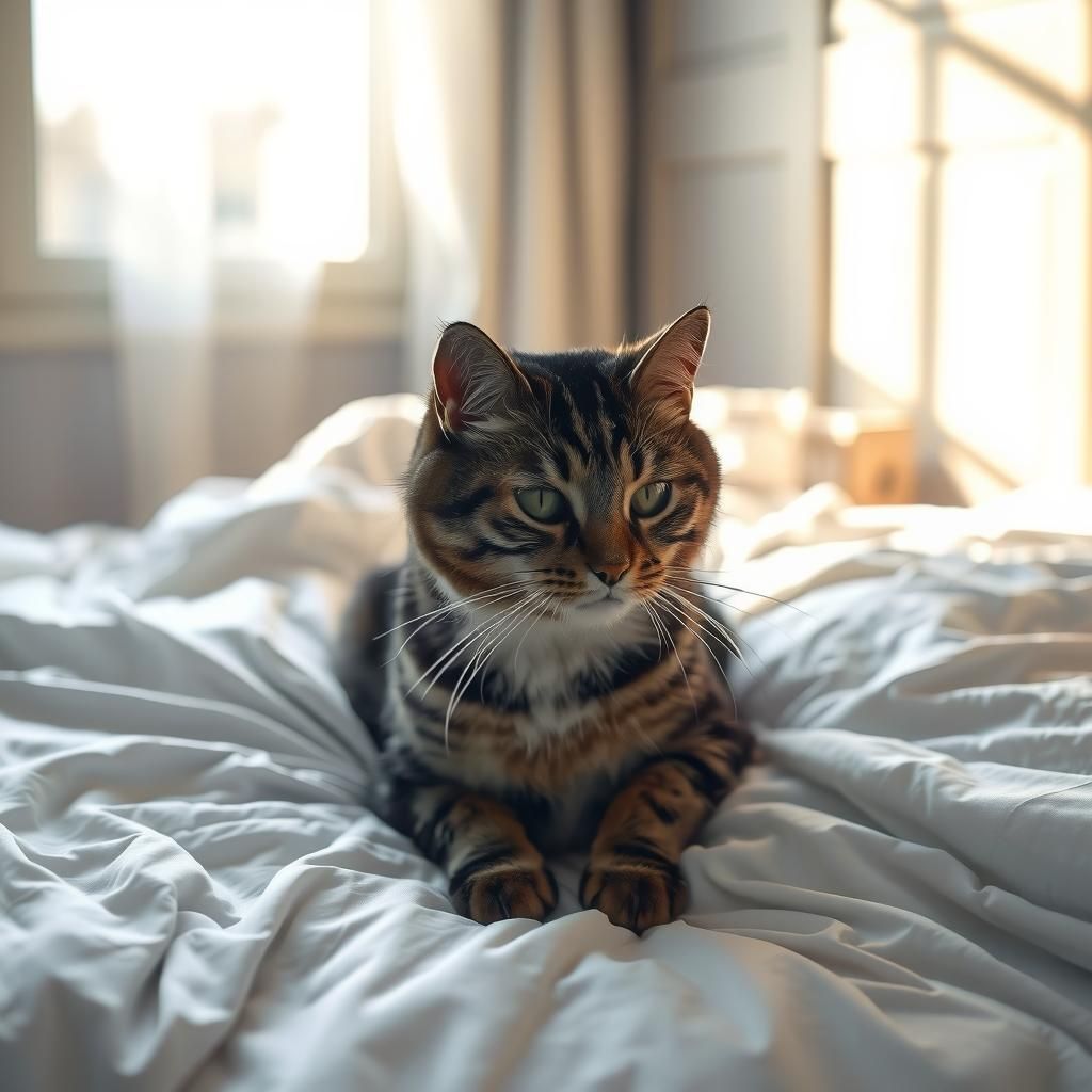 Realistic Tabby Cat Relaxing on Plush White Bed