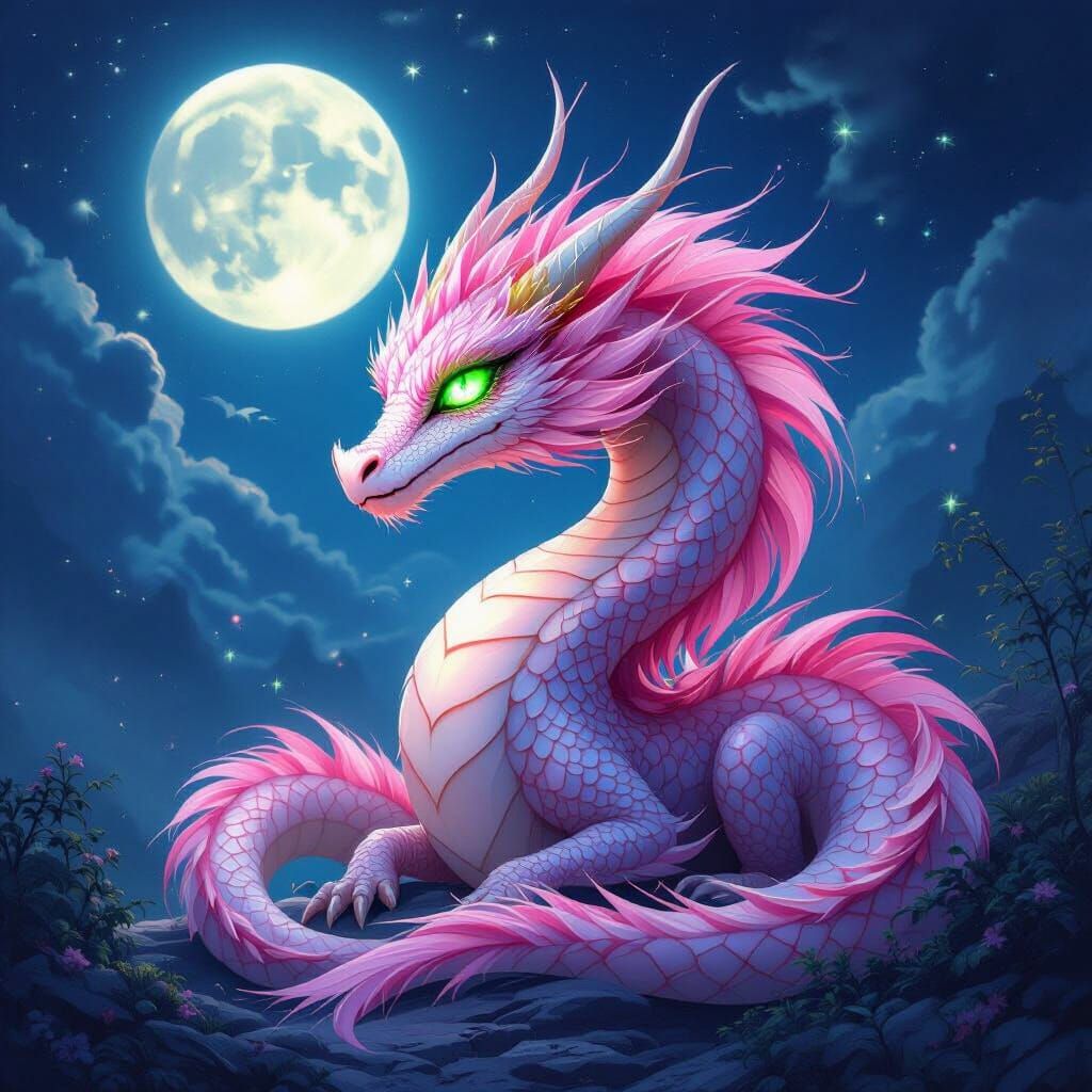 Ethereal Pink Feathered Dragon in Moonlit Fantasy Art