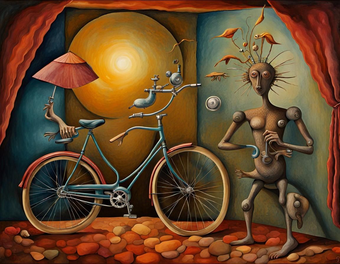 Surreal Bicycle in Dreamlike Dark Fantasy Watercolor