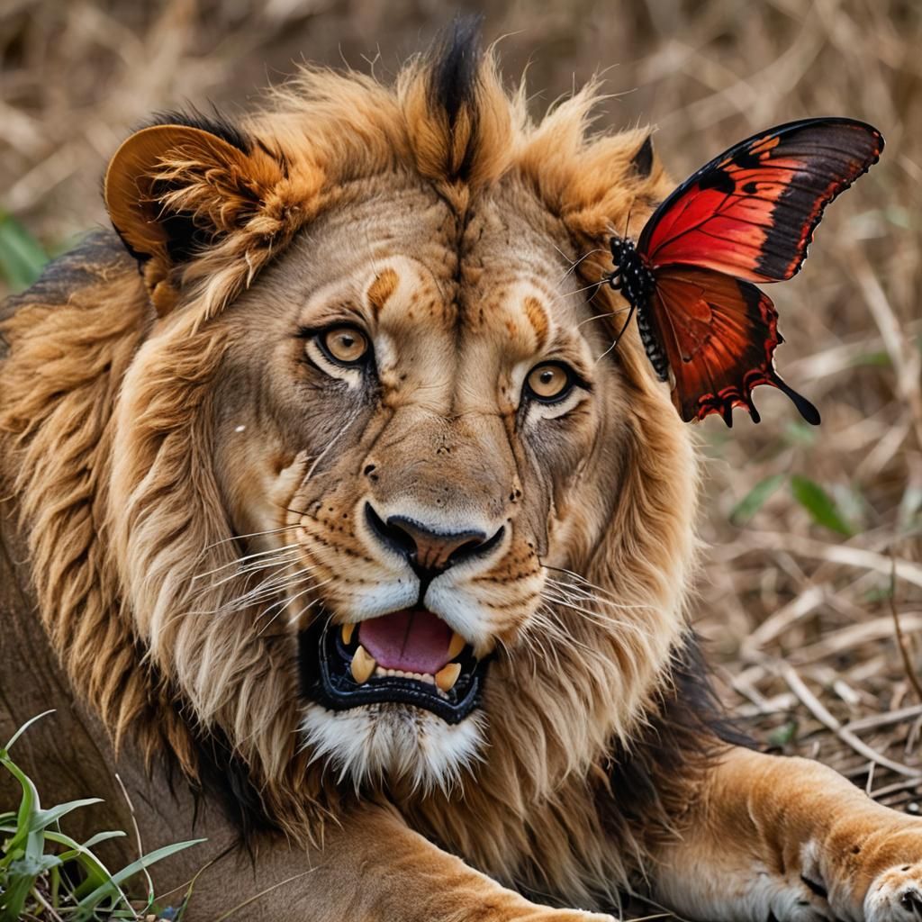 Lion Cub and Butterfly in Funny Moment