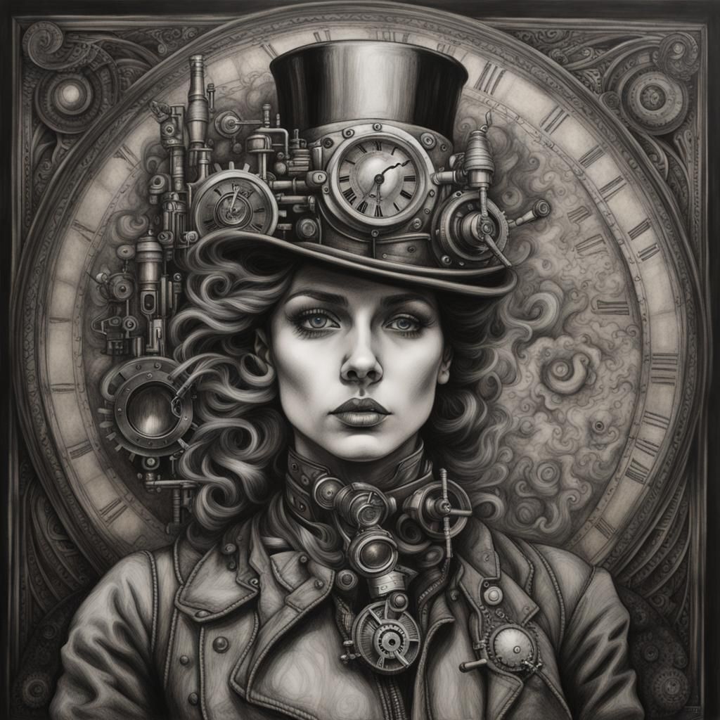 Holographic Steampunk Charcoal Drawing