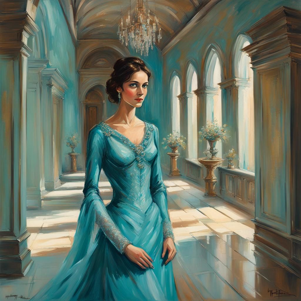 Brunette Princess in Turquoise Gown, Abstract Art Style