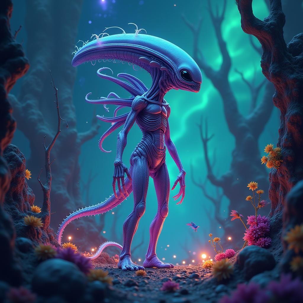 Iridescent Alien in Bioluminescent Dreamscape