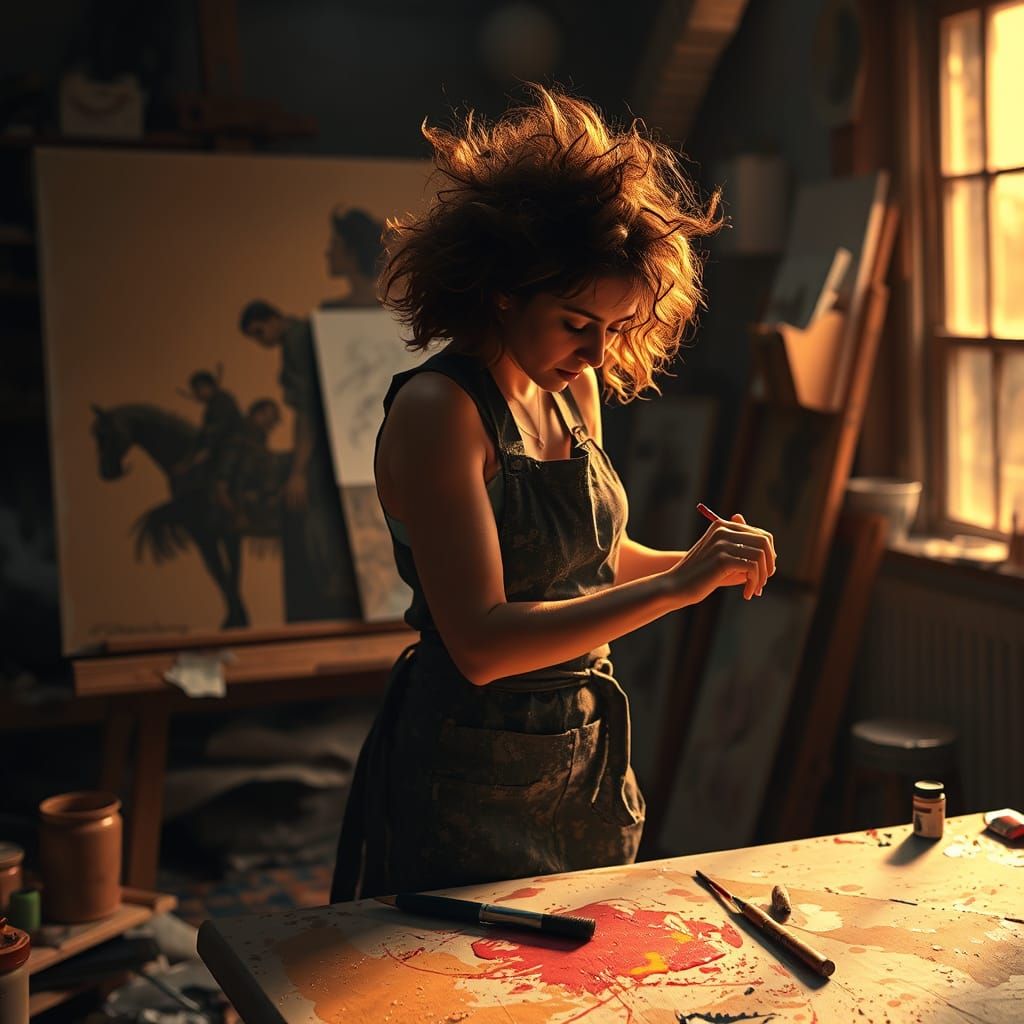 Artist in Creative Frenzy, Surrounded by Vibrant Colors and ...