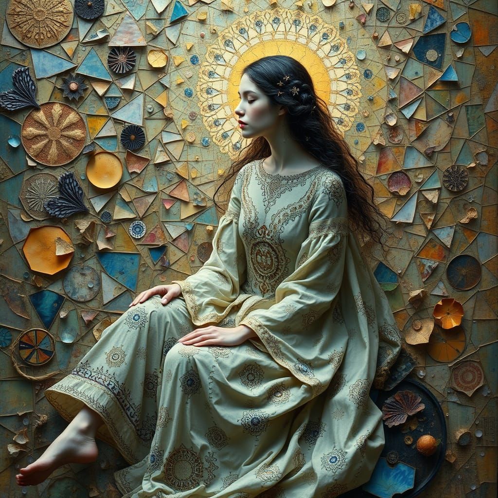 Ethereal Figure in a Kaleidoscope of Textures and Patterns