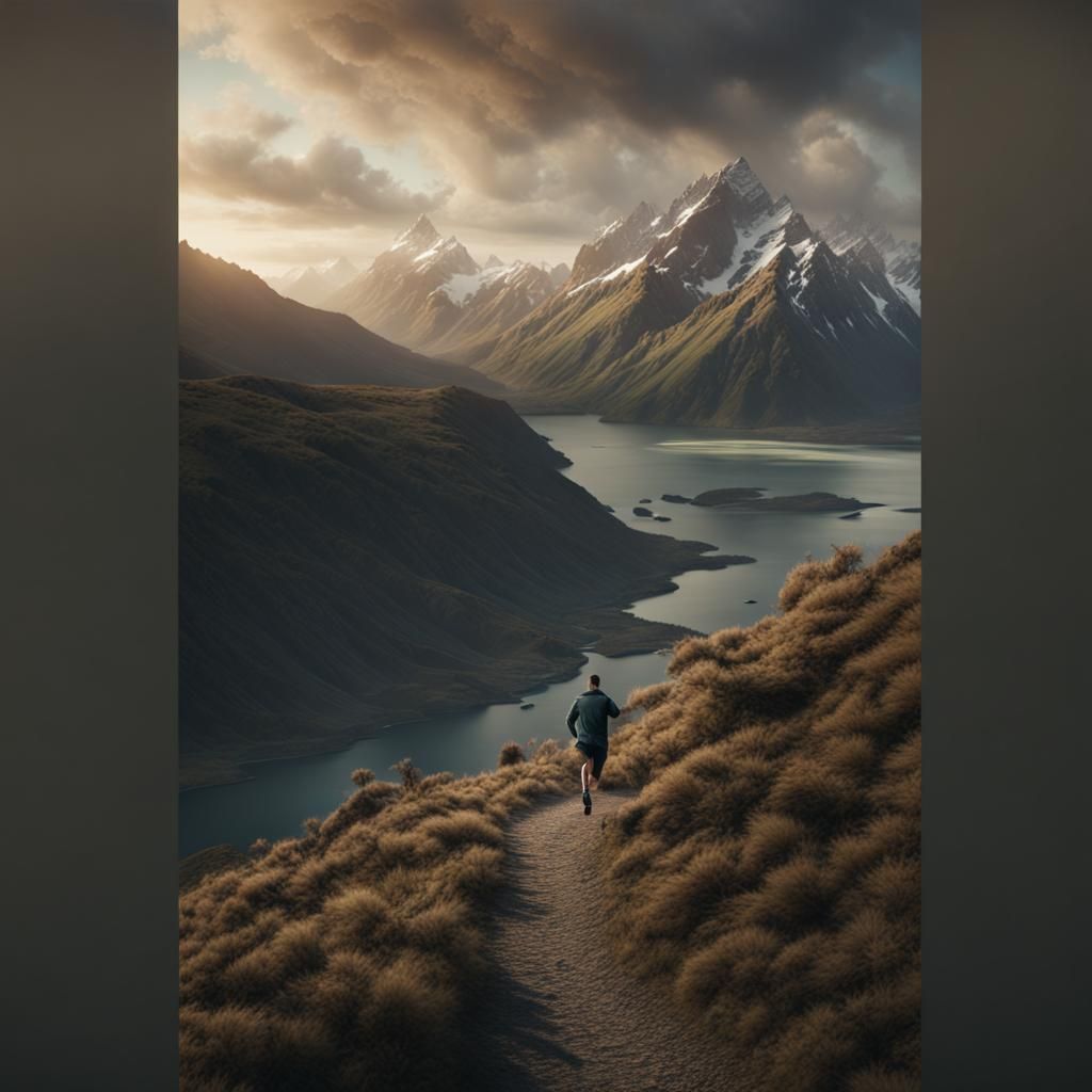 Jogger on New Zealand Mountain: Digital Matte Painting