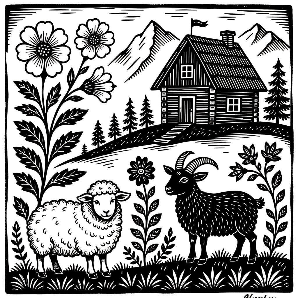 Austrian Folk Art Pattern: Flowers, Sheep, Goat, and Hut