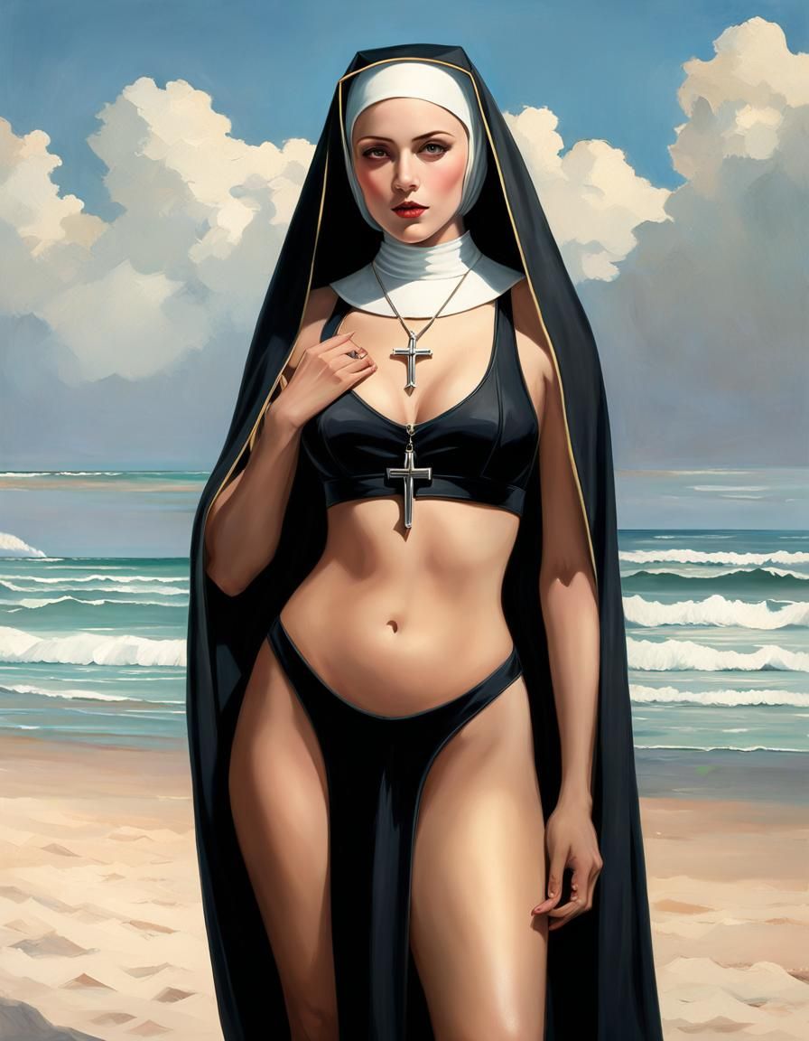 Nun in Micro-Bikini on Beach, Hyper-Detailed Illustration