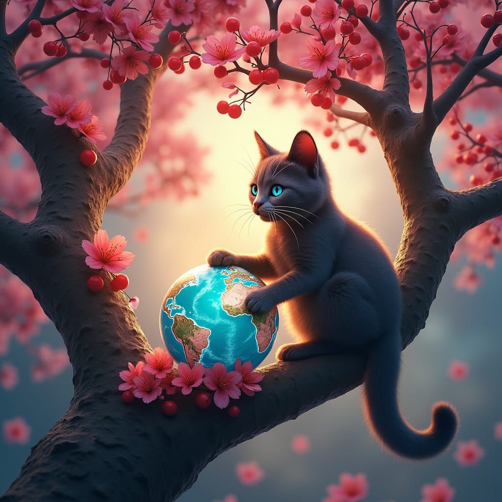 Cat Playing with World Globe in Cherry Tree
