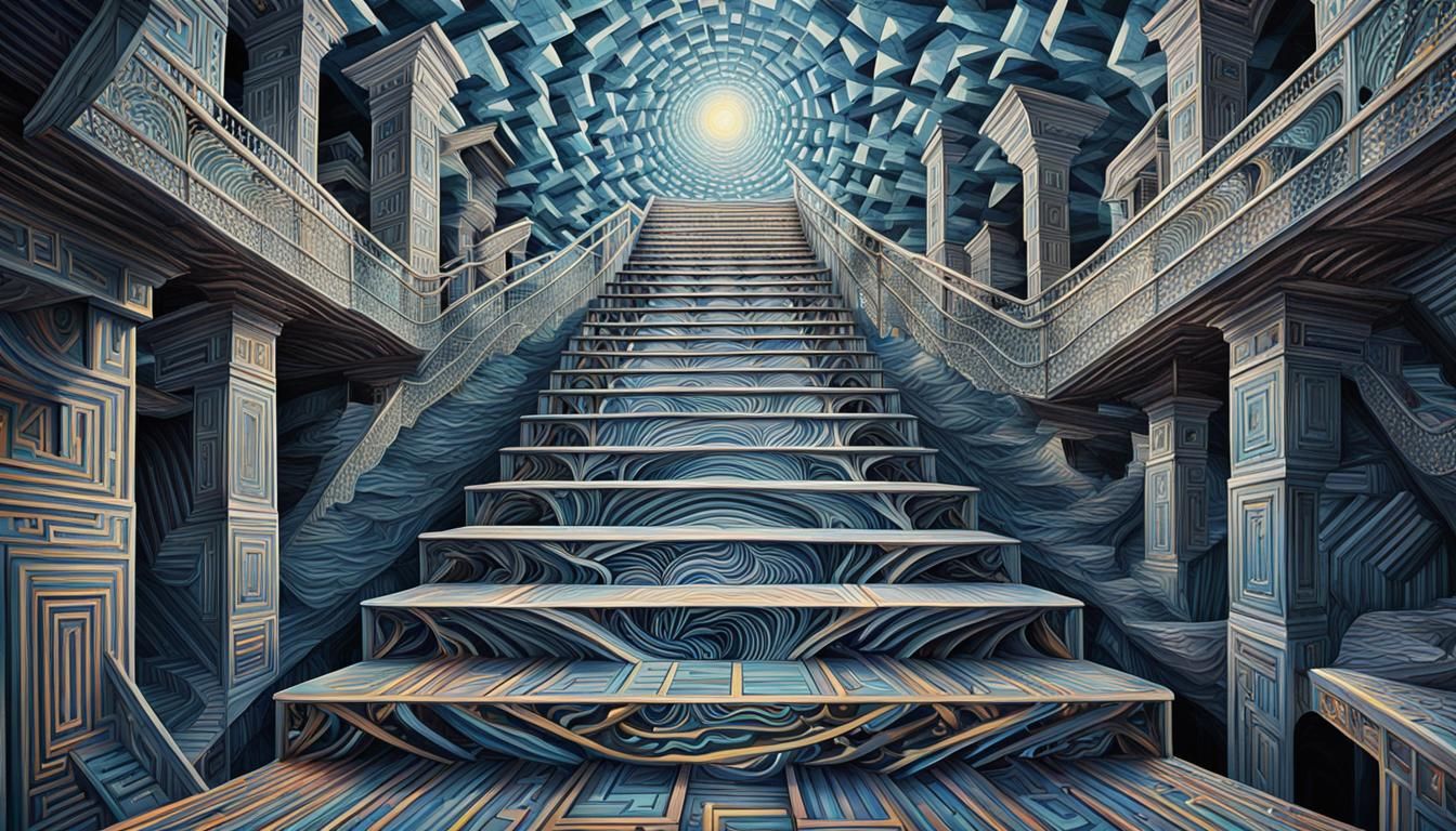 Infinite Cosmic Staircase in Escher-Inspired Vibrant Hues