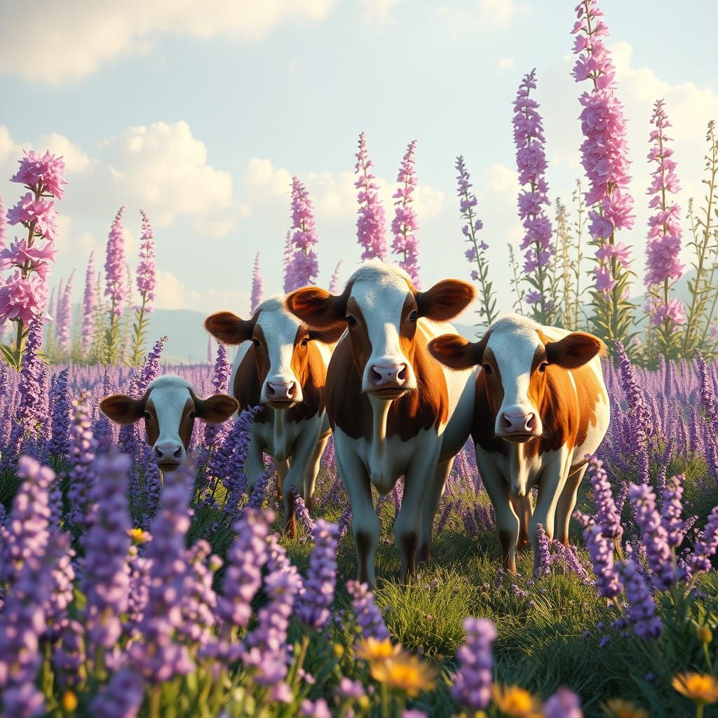 Dreamlike Fantasy Landscape with Grazing Cows and Lavender F...