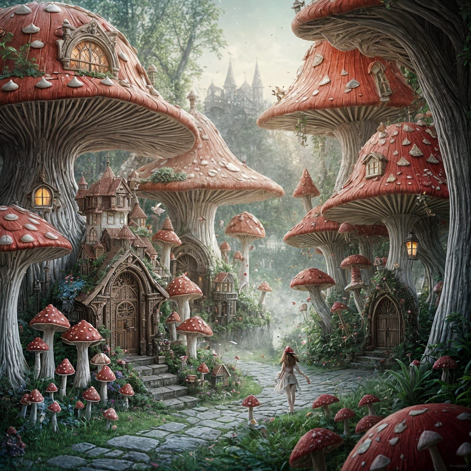 Whimsical Dystopian Fairies Amidst Red Mushroom Huts