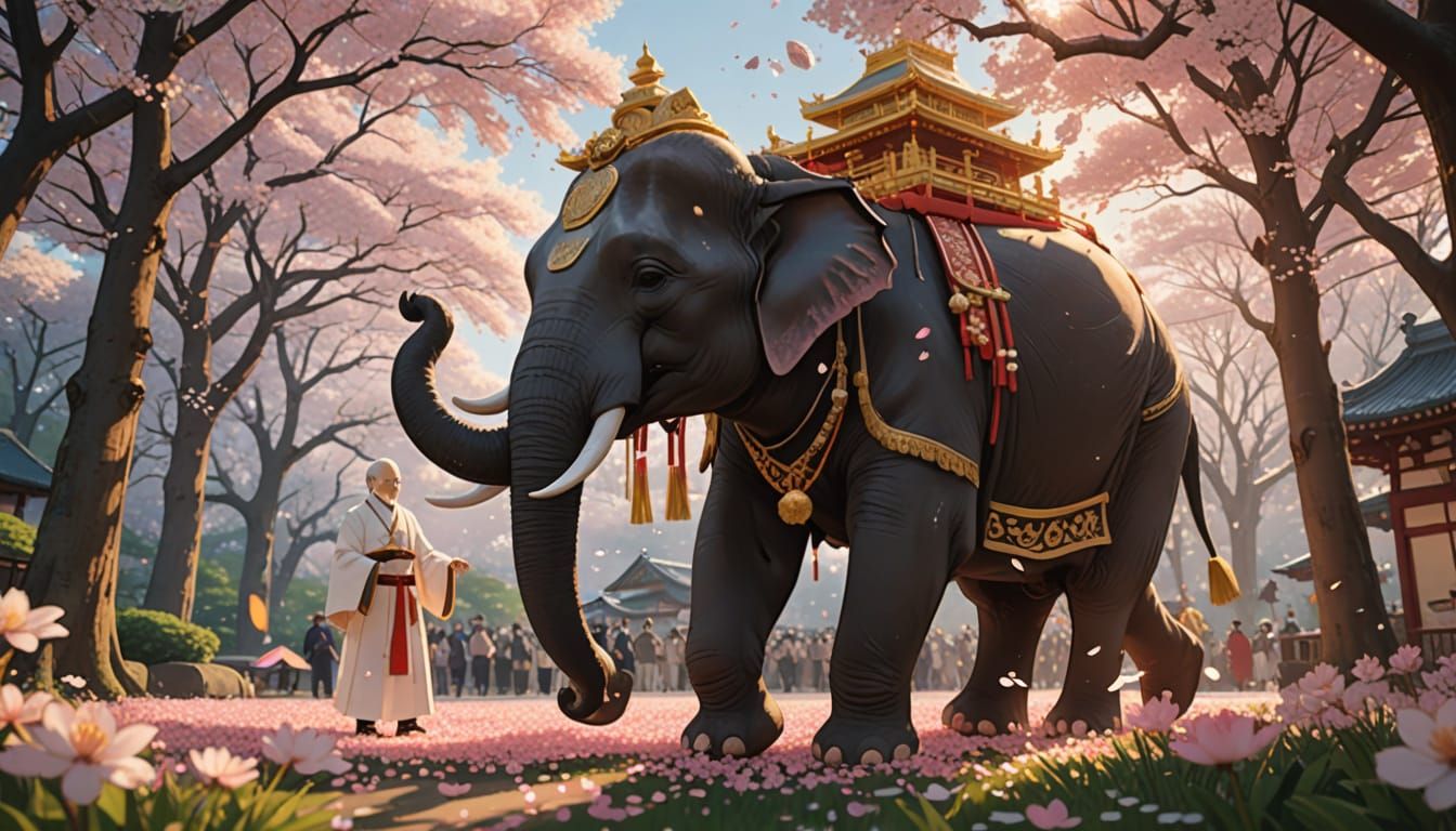 Majestic Thai Elephant in Traditional Japanese Festival Atti...