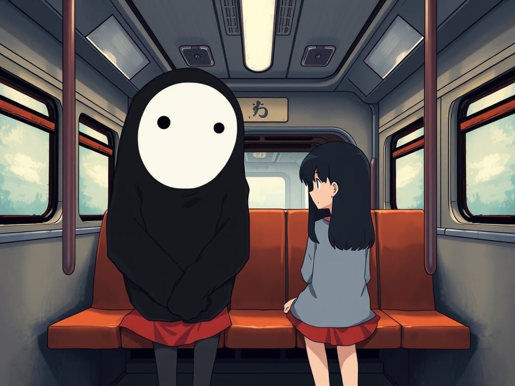 Ghibli-Inspired Anime Art of Chihiro and No Face on a Train