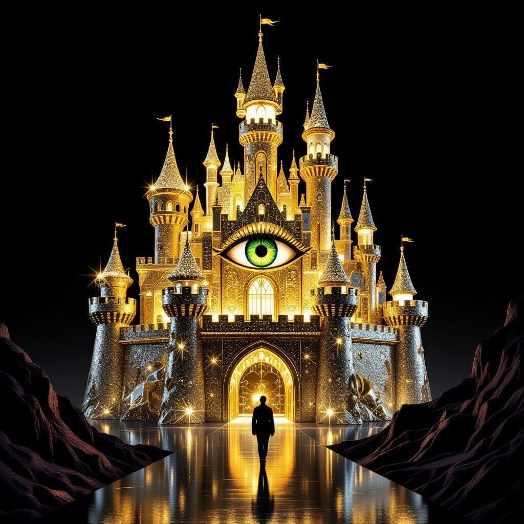 Sparkling Gold Castle Sculpture with Dramatic Lighting