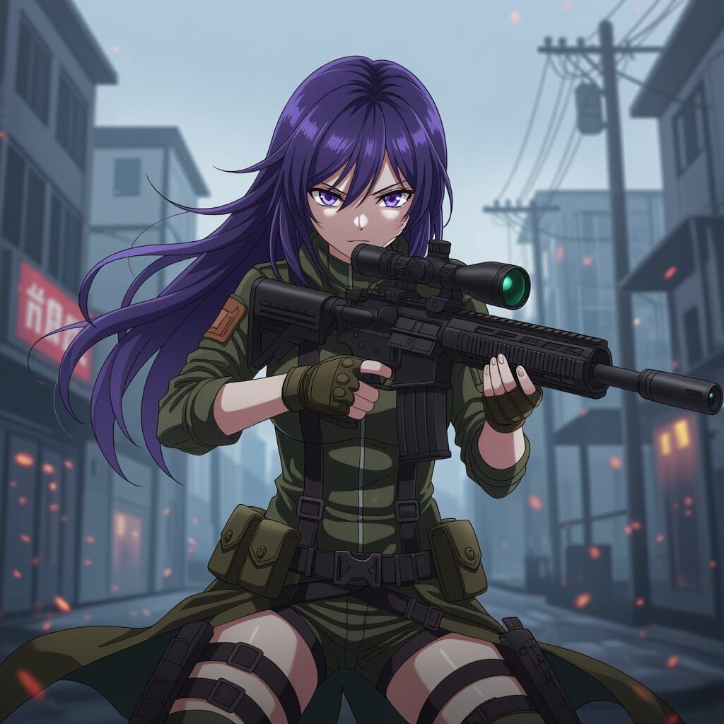 Anime Sniper in Apocalyptic Landscape