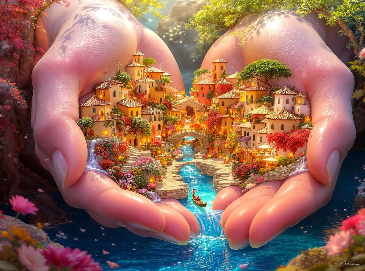 Miniature Italian Village in Giant Palms: Pointillist Fantas...