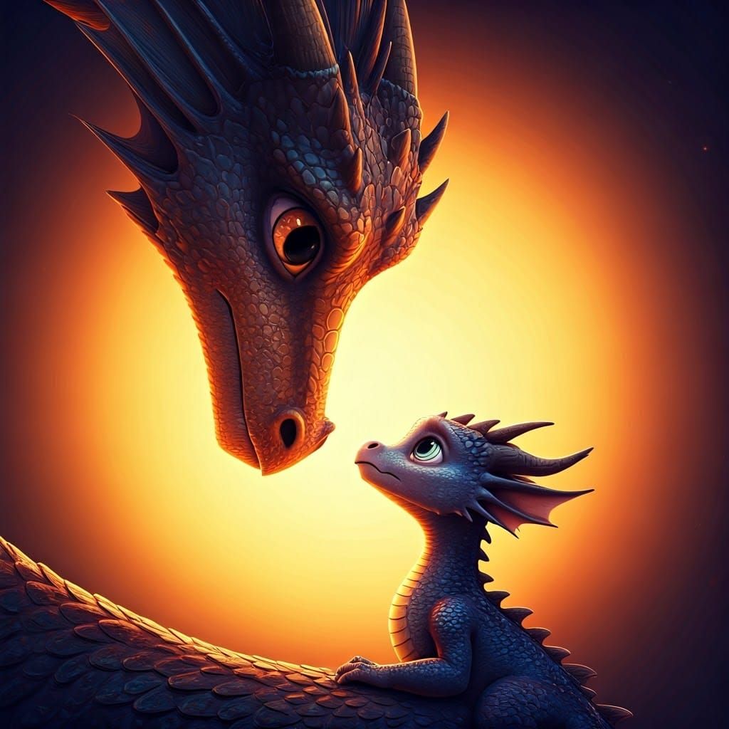 Mother Dragon Comforts Worried Dragon Daughter in Vibrant, D...