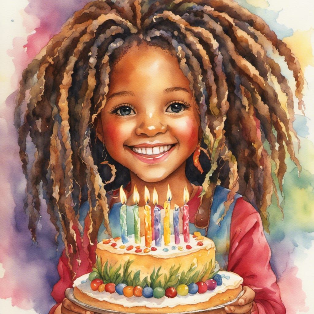 Girl with Dreadlocks and Birthday Cake in Watercolor