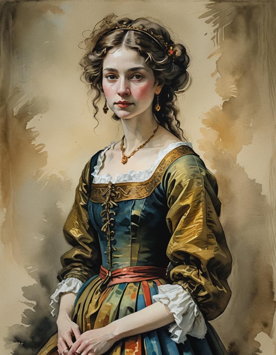 Ethereal Woman in Rembrandt-Inspired Impressionist Gouache