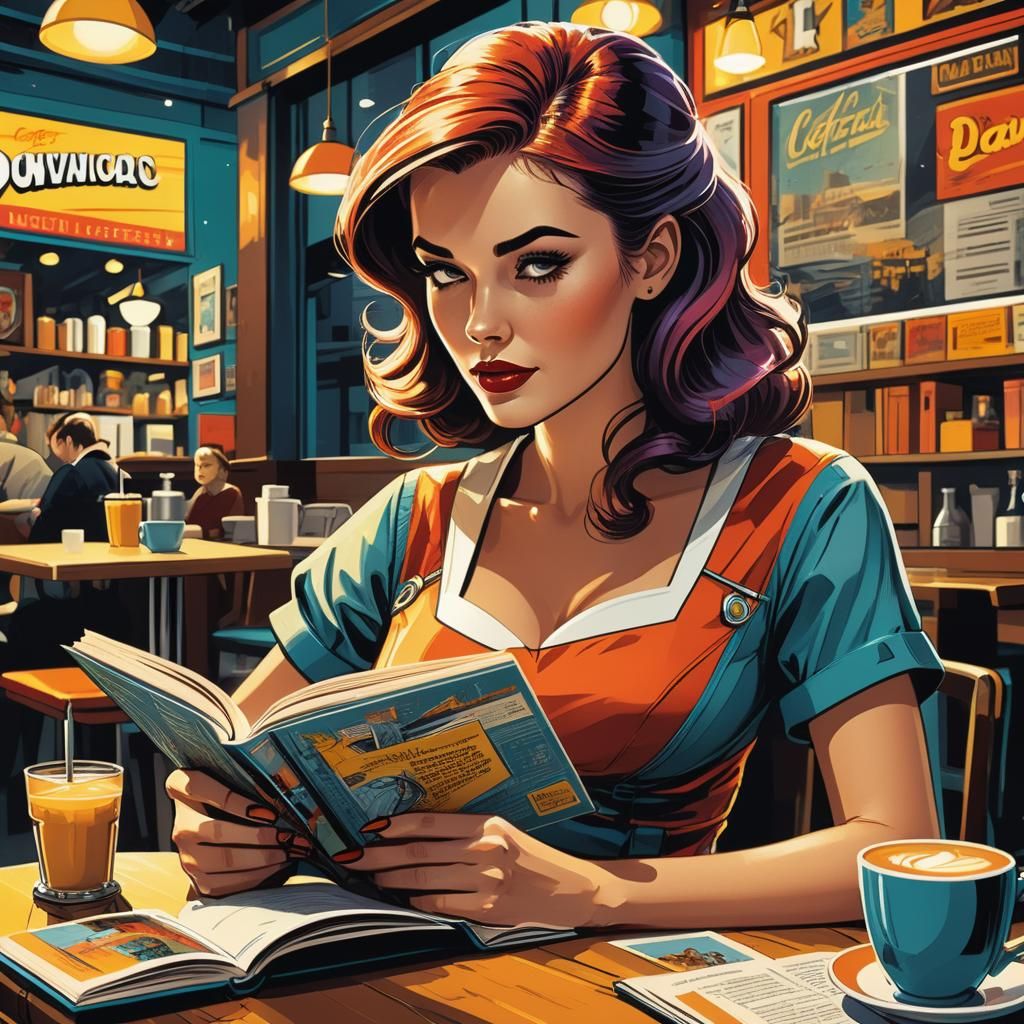 Retro Comic Book Woman Reading in Cafe