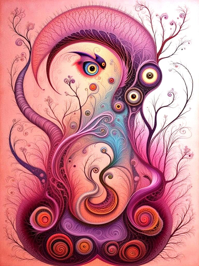 Intricate Fractal Owl Goddess with Baby Owl