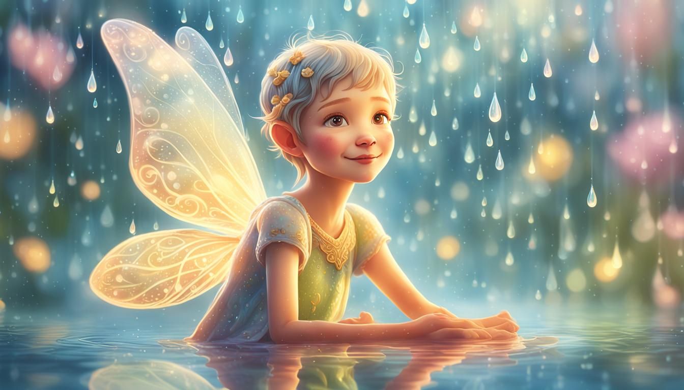 Pixie Floating Before a Raindrop in Dreamlike Illustration