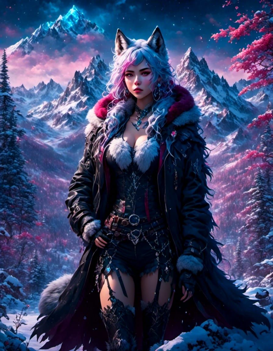 High Resolution Wolf Woman on Snowy Mountain