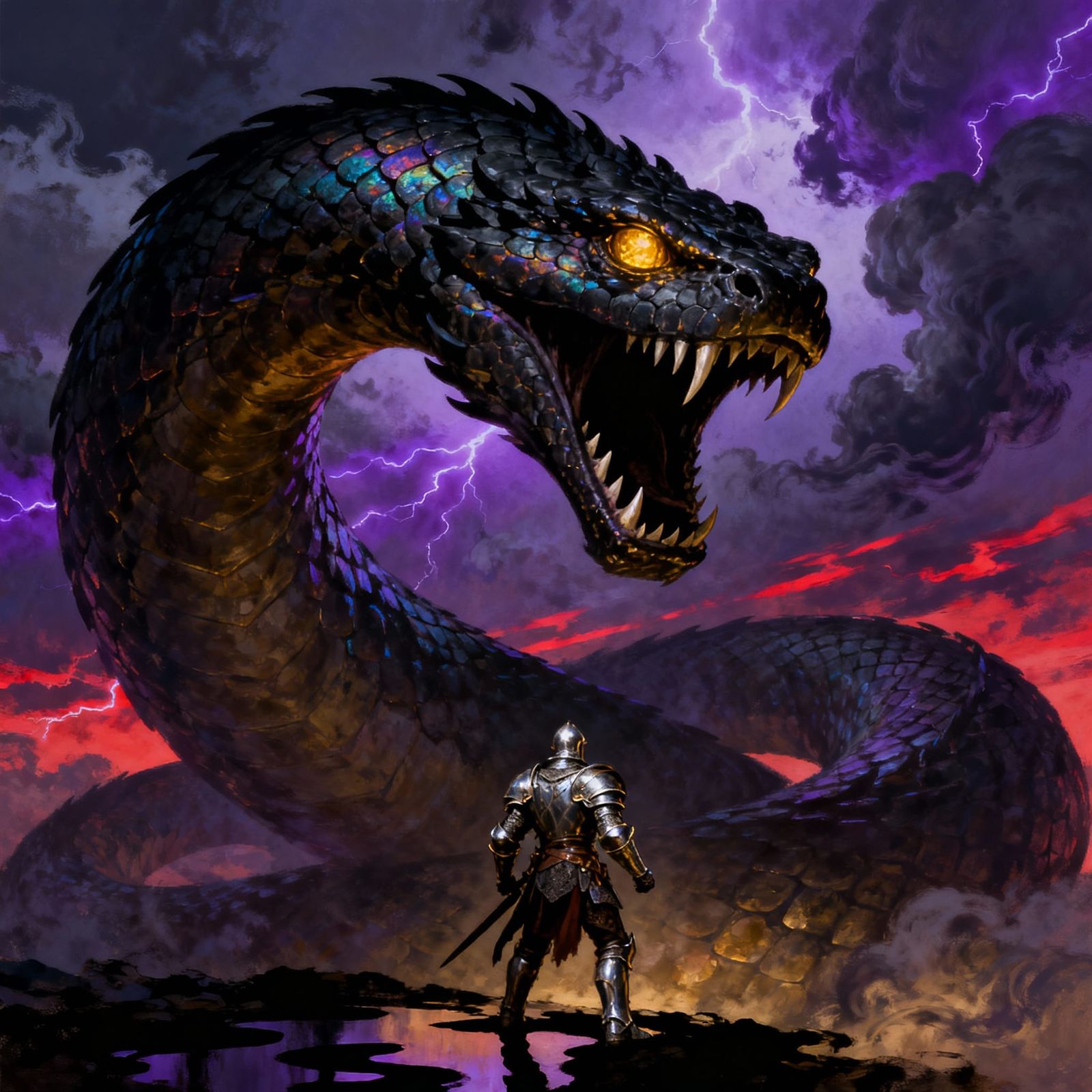 Warrior Battles Colossal Serpent in Dramatic Fantasy Art