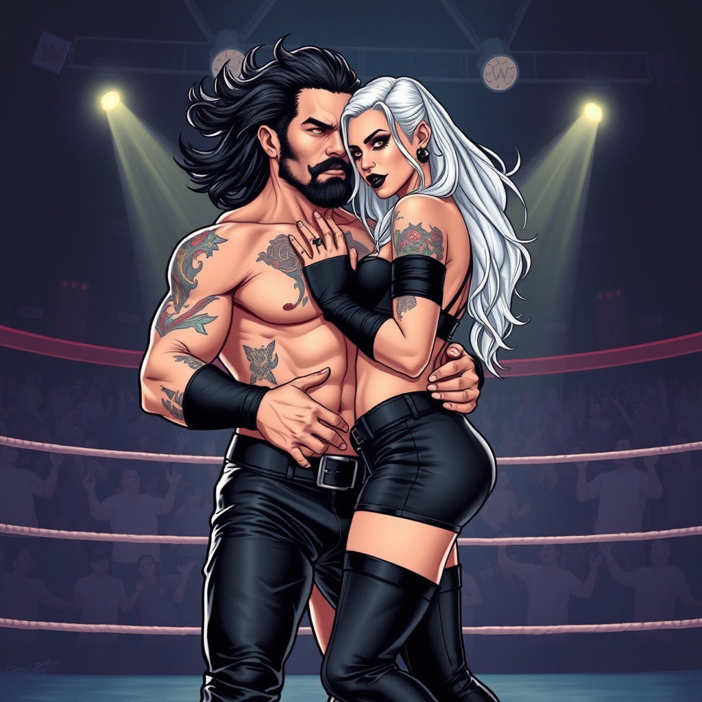 Wrestler Couple Embrace in Comic Book Style