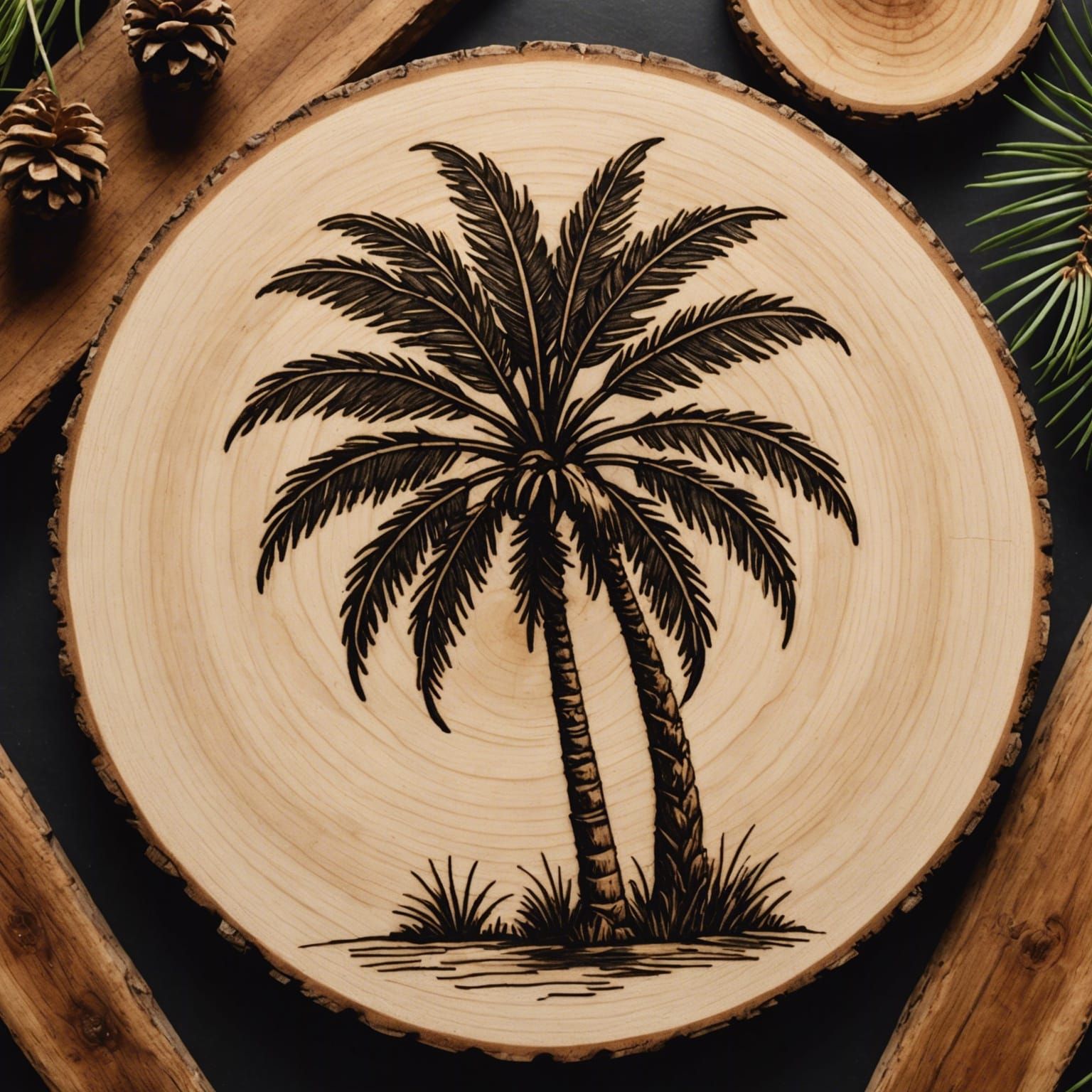 Wood Burned Palm Tree on Pine Disk
