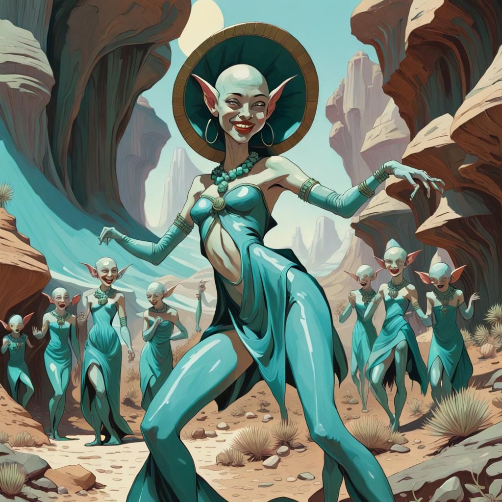Joyful Turquoise Goblins Dancing in Iridescent Desert