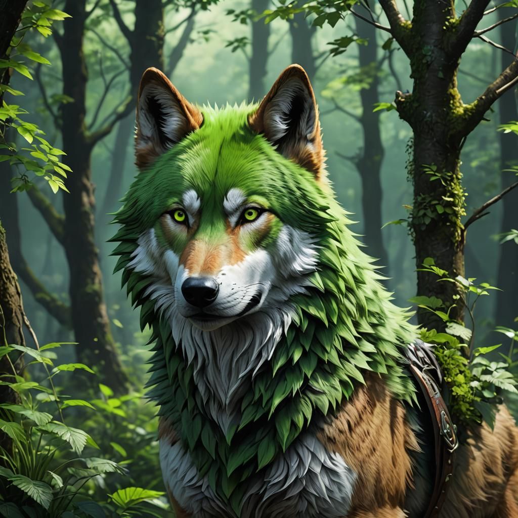 Green Wolf in Detailed 3D Anime Art