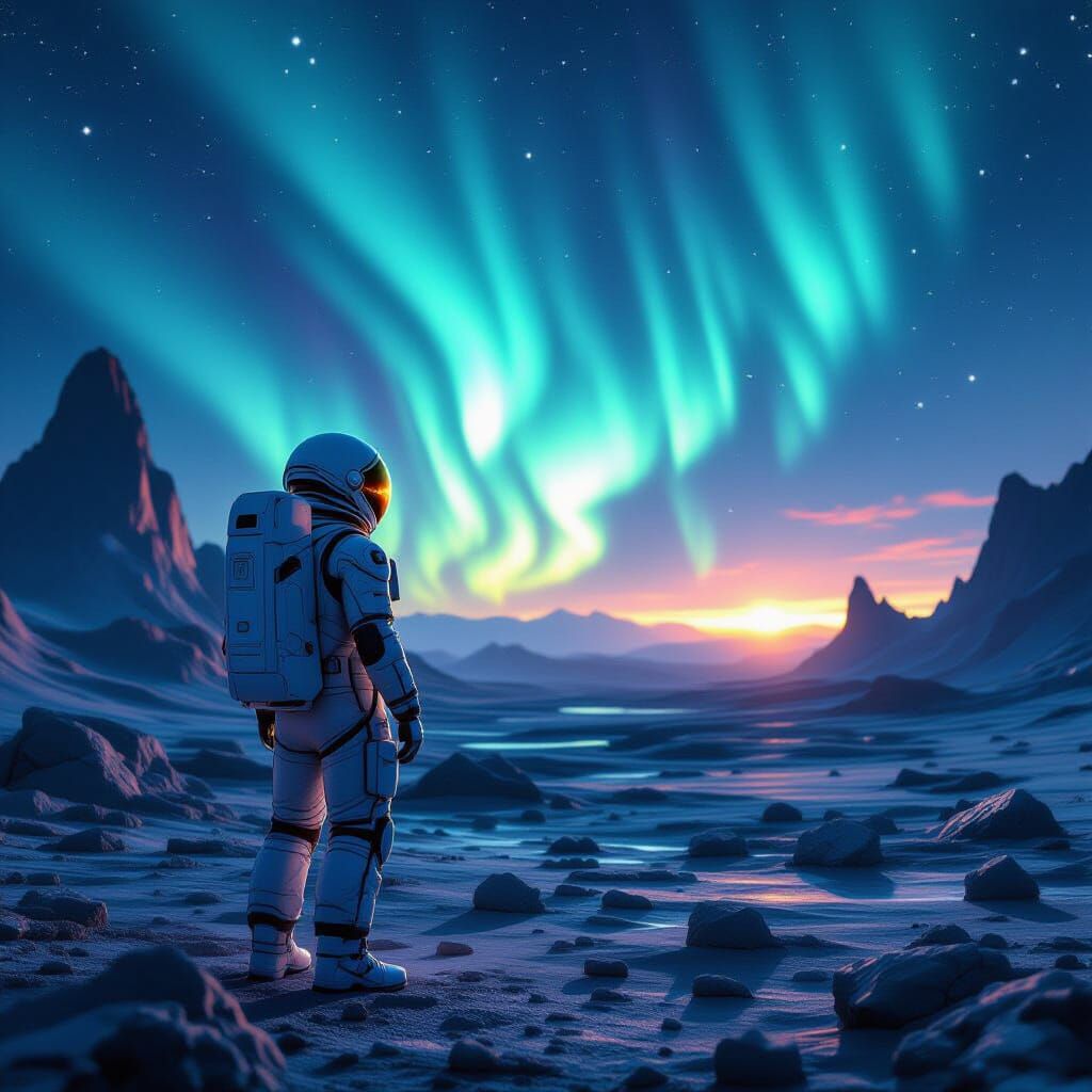 Astronaut on Alien Planet Under Cosmic Aurora