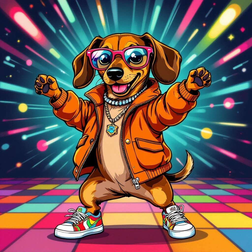 Dachshund Dancing Hip Hop in Pop Surrealism Style