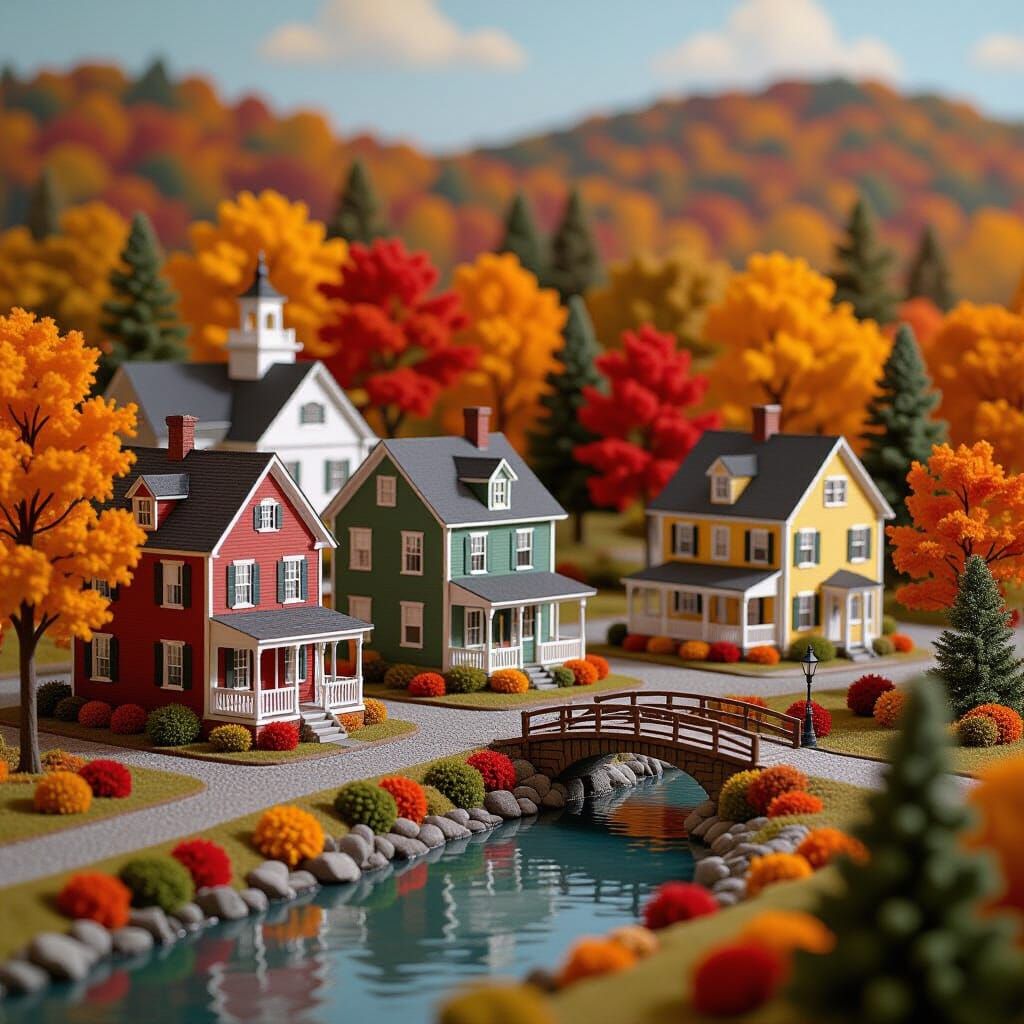 Miniature New England Town Diorama in Fall Foliage