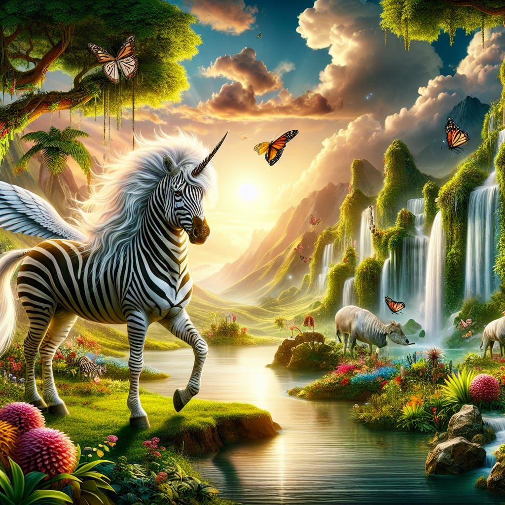 Majestic Pegasus Zebra in a Magical Oasis