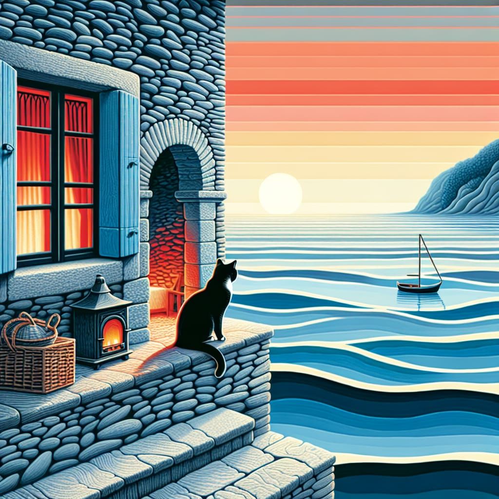 Serene Cat Scene Overlooking a Light Blue Ocean