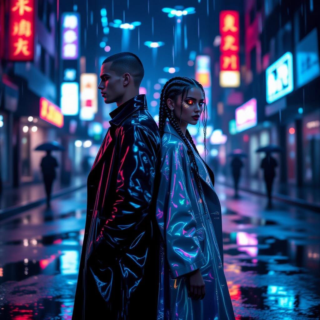 Cyberpunk Couple on Neon Street in Dramatic Lighting