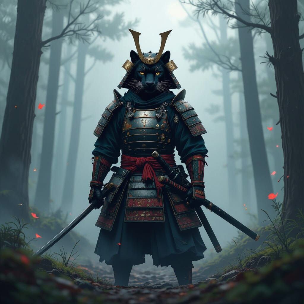 Panther Samurai in Misty Forest, Ukiyo-e Style