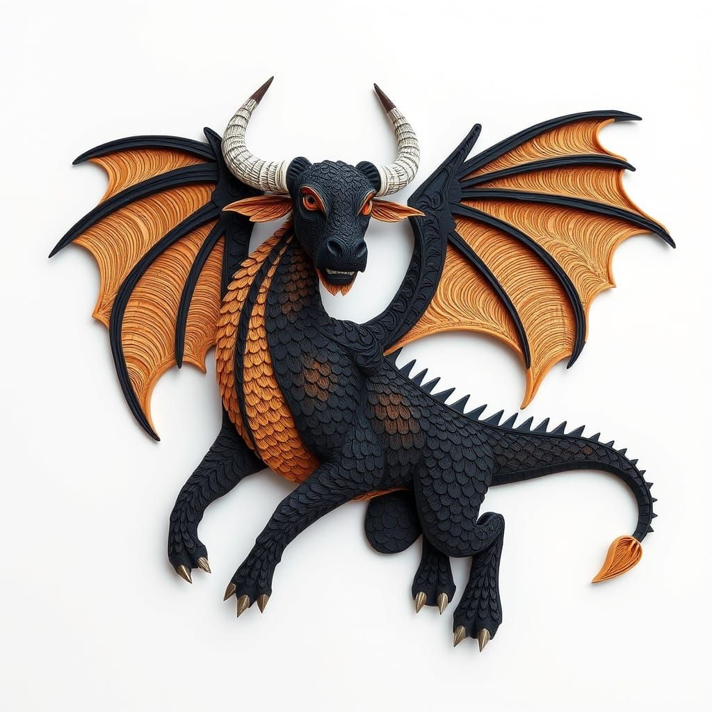 Highly detailed quilling art of a bull-dragon hybrid with massive wings