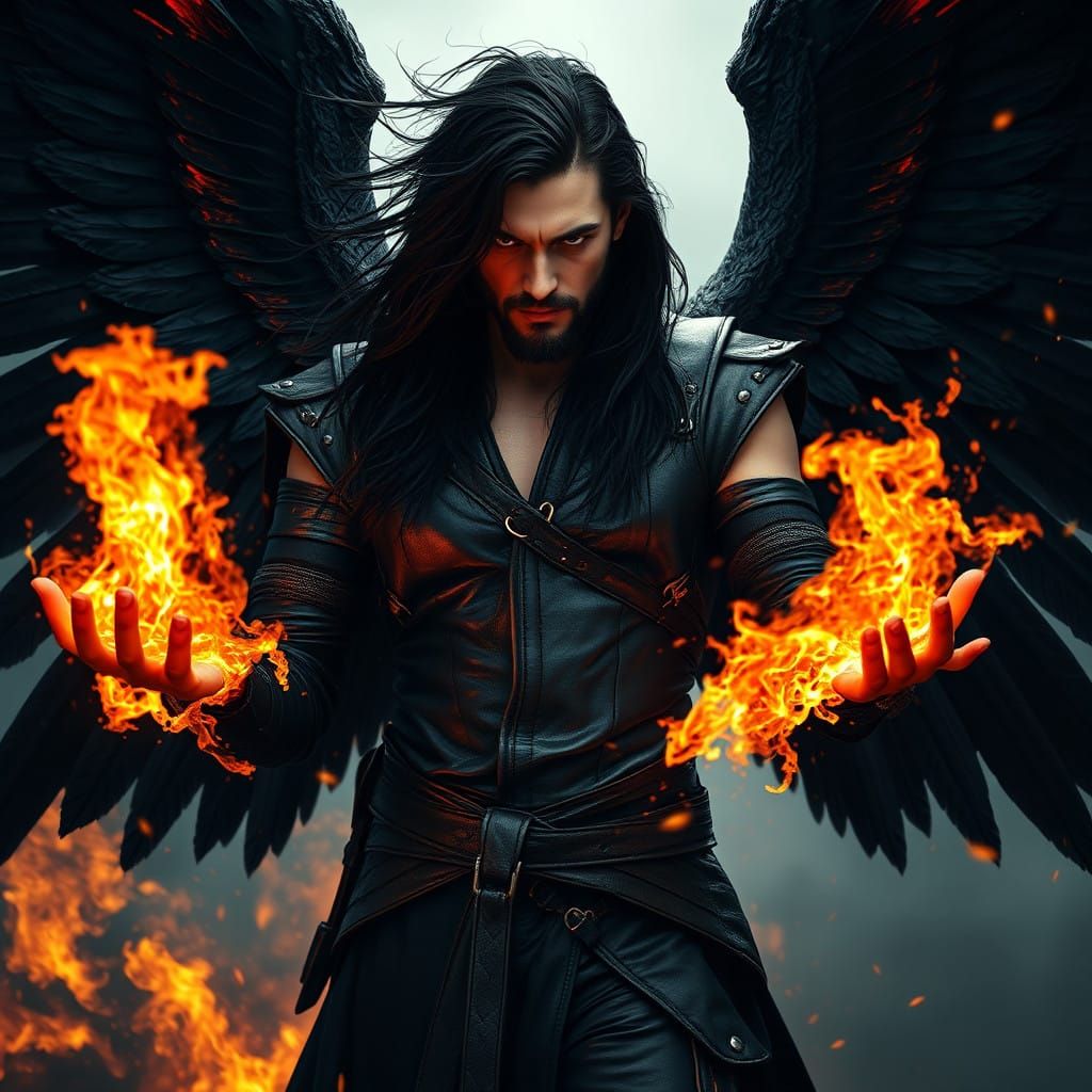 Dark Fantasy Angel Unleashes Flames in Leather Attire