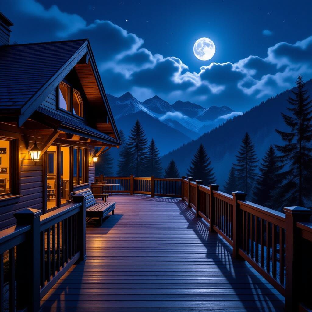Deck on mountain house at night with the moon