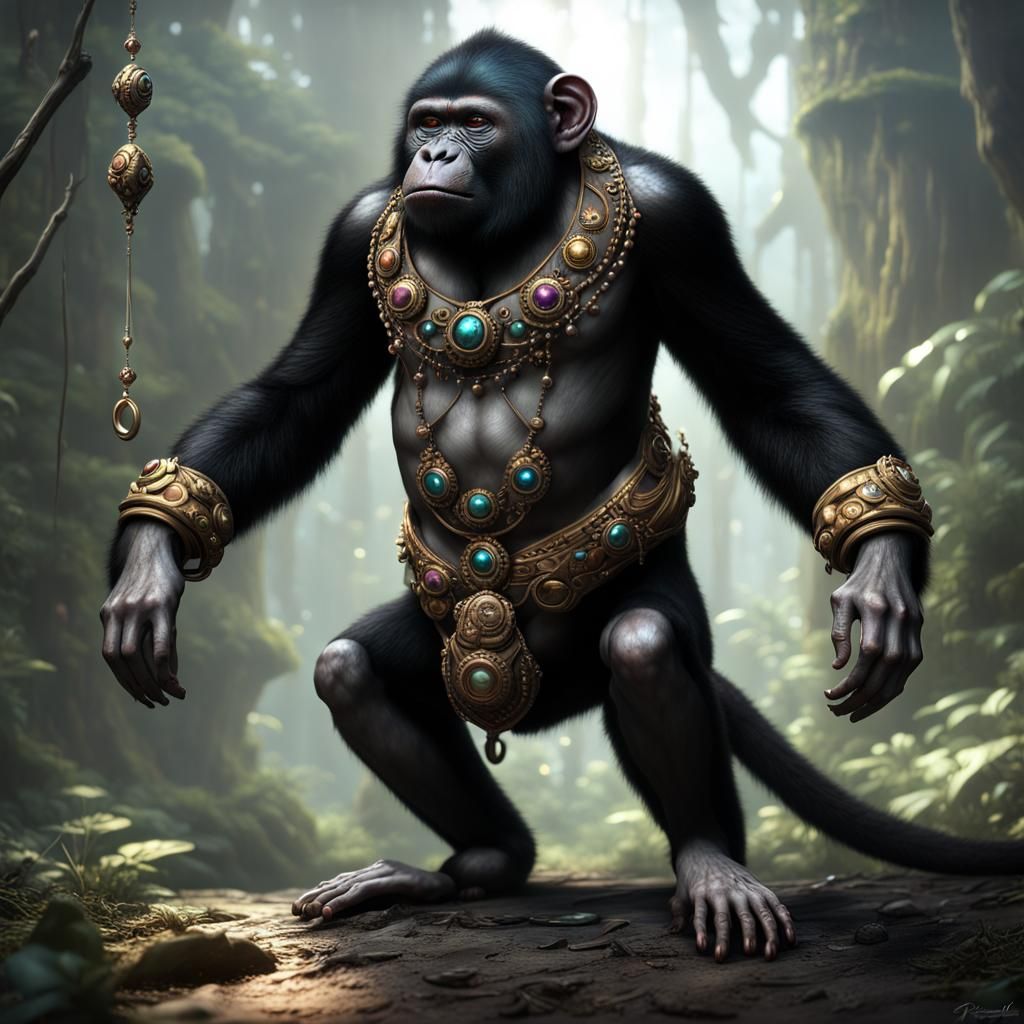 Humanoid Monkey with Jeweled Tail: Dark Fantasy Art
