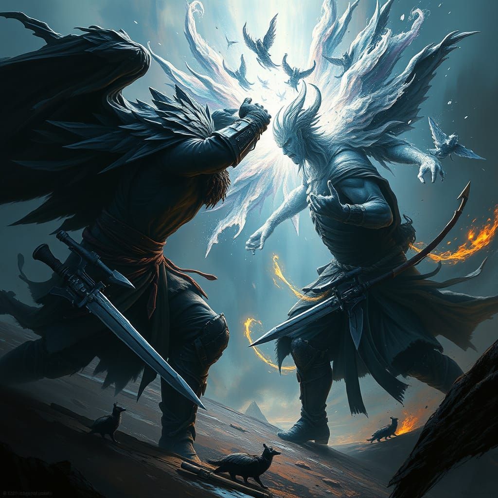 Shadow and Light Soldiers Clash in Fantasy Landscape