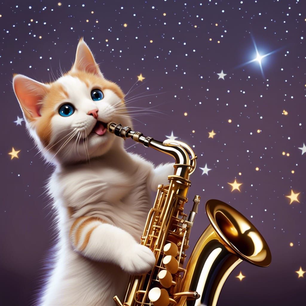 Cat Saxophonist Performing Under Starry Sky