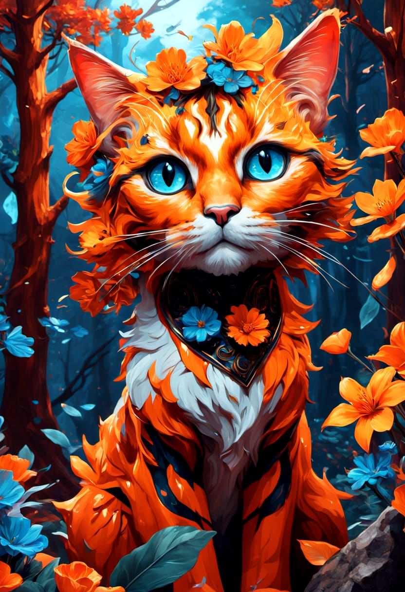 Whimsical Feline in Vibrant Woodland Scene
