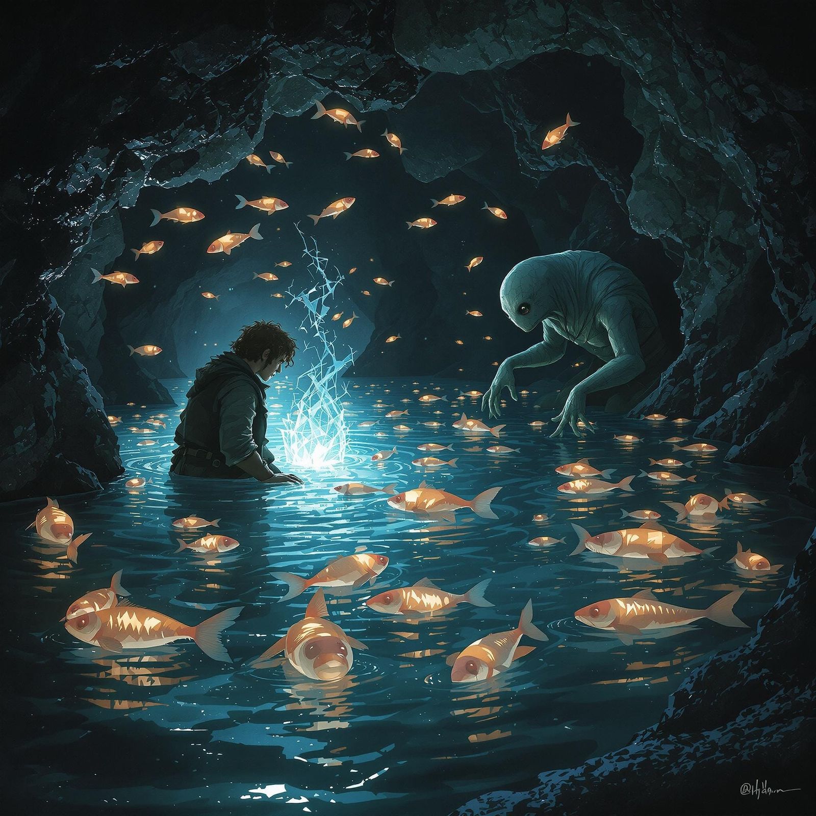 Bilbo and Gollum's Riddle Game in Subterranean Lake