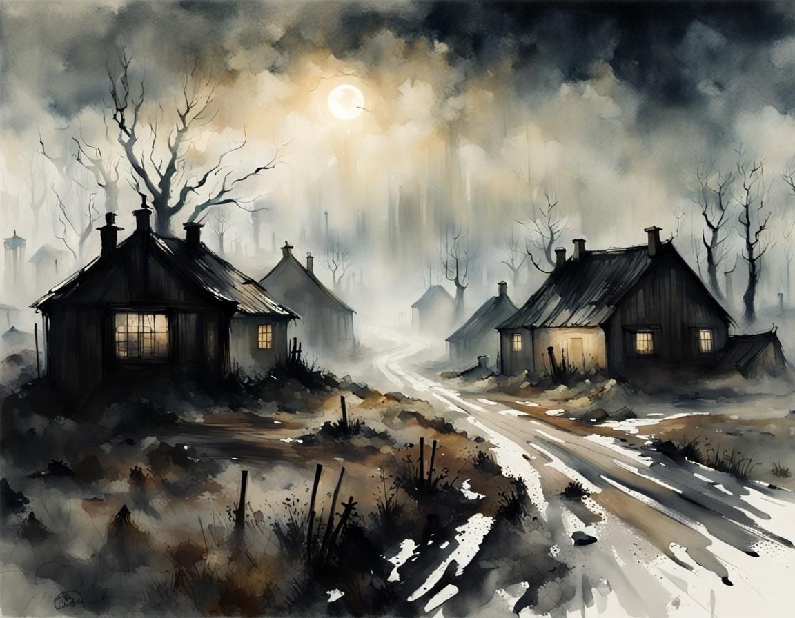 Eerie Moor Village in Fog: Sinister Watercolor